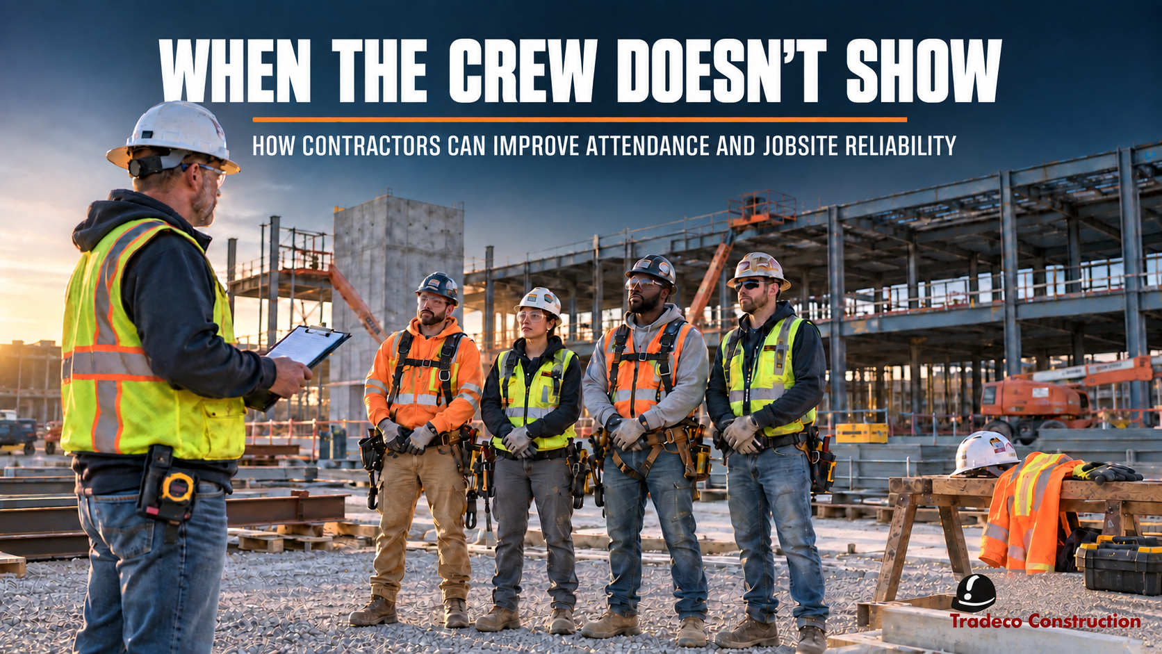 Tradeco construction crew on a commercial jobsite with an empty position representing a missing worker and the impact of poor attendance.