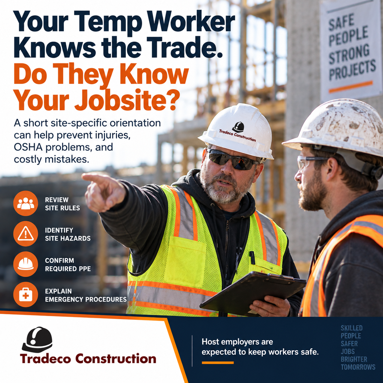 Tradeco Construction supervisor orienting a worker on jobsite rules, hazards, required PPE, and emergency procedures.